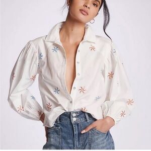 Anthropologie Maeve Embroidered Starfish White Button-Up Shirt